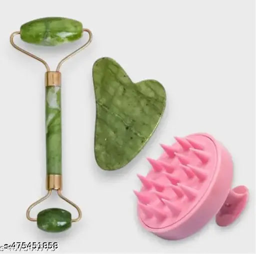 Face Jade Stone Roller Massager with Gua Sha Jade Stone | Hair Scalp Massager Shampoo Brush | Jade Stone Roller + Gua Sha + Shampoo Scalp Brush